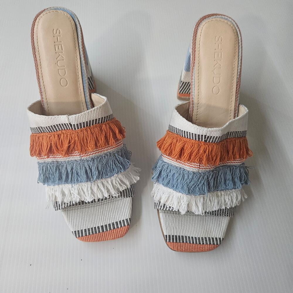 Shekudo Ilamoye Woven Fringe Block Heel Mules 9 / 39 - EUC, Color Weave 2 - Picture 10 of 11